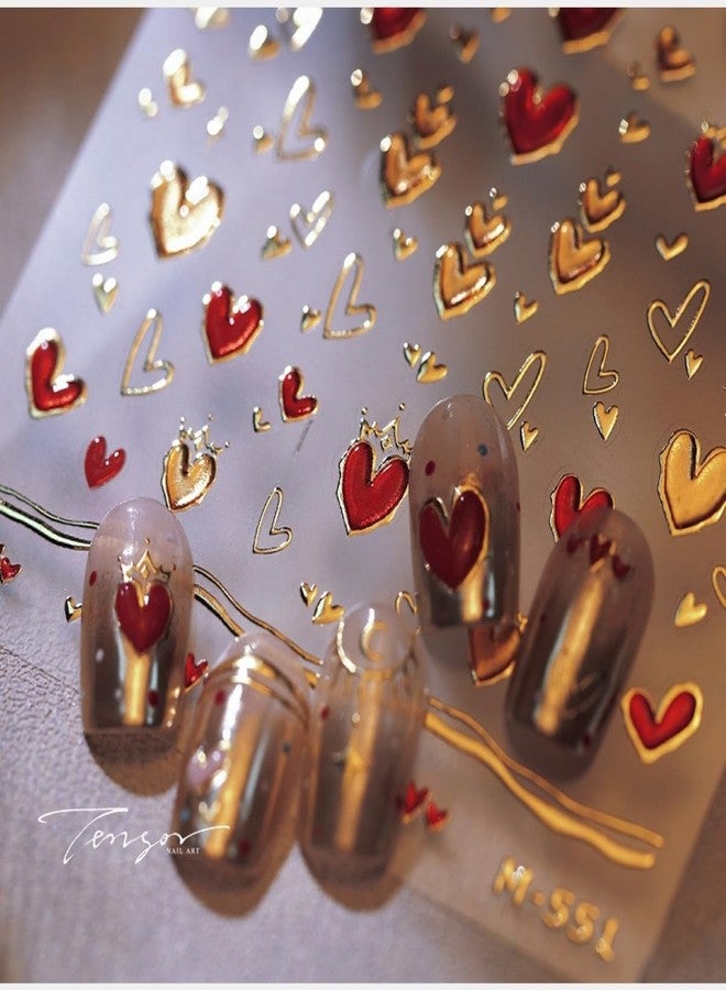 Sevgob 5D Embossed Heart Nail Stickers for Nail Art Red Nail Art Stickers Valentines Day Nail Decals Self-Adhesive Love Sticker Valentine’s Day Gold Hearts Nail Supplies for Women Girls DIY Manicure - Image 4
